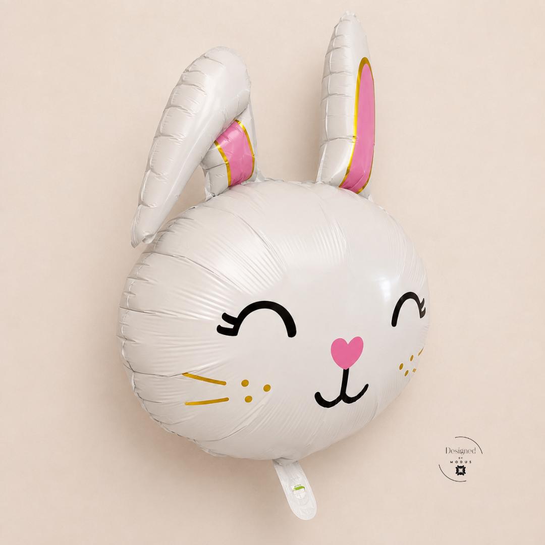 Bunny Rabbit Balloon Party Gift Easter Celebration Baby Shower Present Spring Theme Kids Birthday Decoration White Mylar Foil Design Air Inflatable Animal Character Photo Backdrop Large Size Gold Details Pink Accents Nursery Addition Party