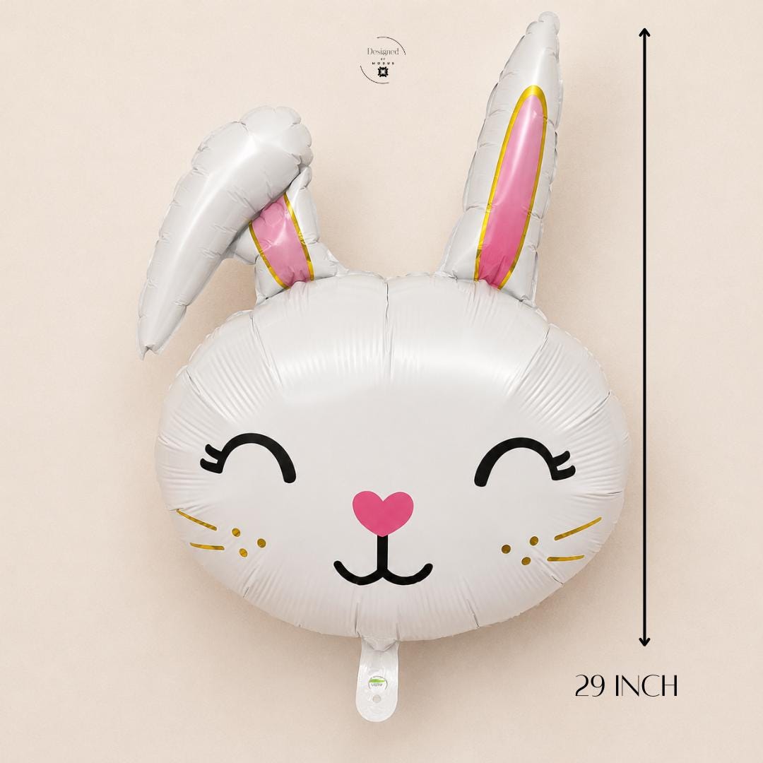 White Mylar Bunny Balloon Easter Party Decoration Baby Shower Theme Spring Celebration Kids Birthday Party Rabbit Foil Balloon Air Inflatable Animal Design Photo Backdrop Nursery Addition Large Size Party Supply Gold Details Pink Accents