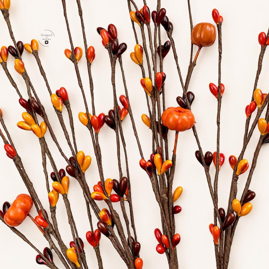 Fall Floral Picks Artificial Berry Stems Thanksgiving Centerpiece Arrangement Orange Burgundy Branch Collection Pumpkin Harvest Accent Farmhouse Mantle Display Seasonal Home Styling Rustic Autumn Gift Set DIY Craft Supply Versatile Design