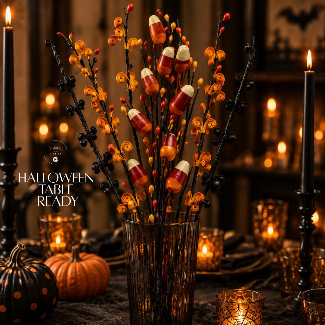 Handmade Halloween Vase Filler Stems Quilled Paper Art Candy Corn Themed Orange Black Wire Stems Perfect Fall Centerpiece Arrangement Table Display Styling Seasonal Home Accent Party Ready Set Artisan Crafted Quality Autumn Color Palette