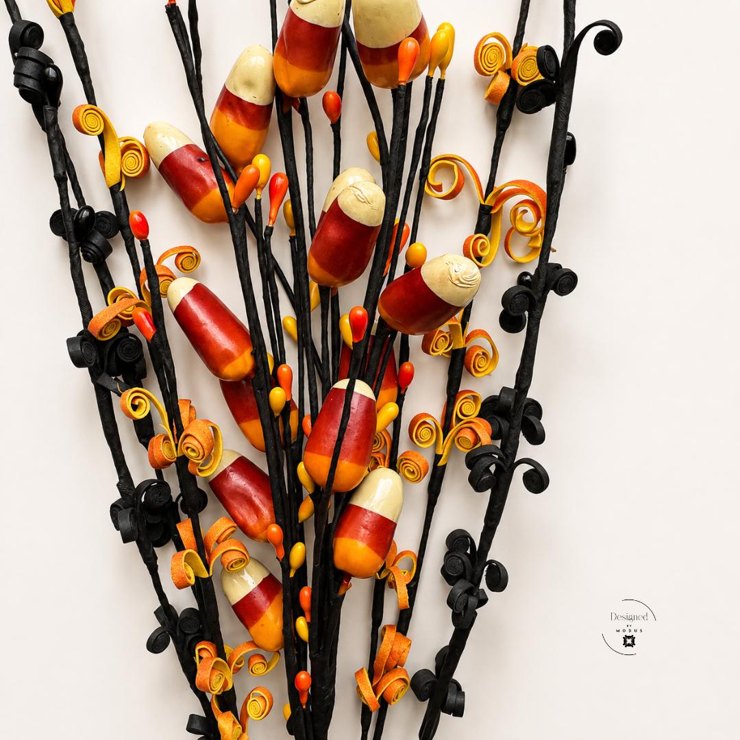 Orange Black Wire Stems Halloween Vase Filler Set Handmade Quilled Paper Art Candy Corn Themed Fall Centerpiece Arrangement Table Display Styling Autumn Seasonal Home Accent Artisan Crafted Quality Spiral Coiled Patterns Gold Burgundy Cream