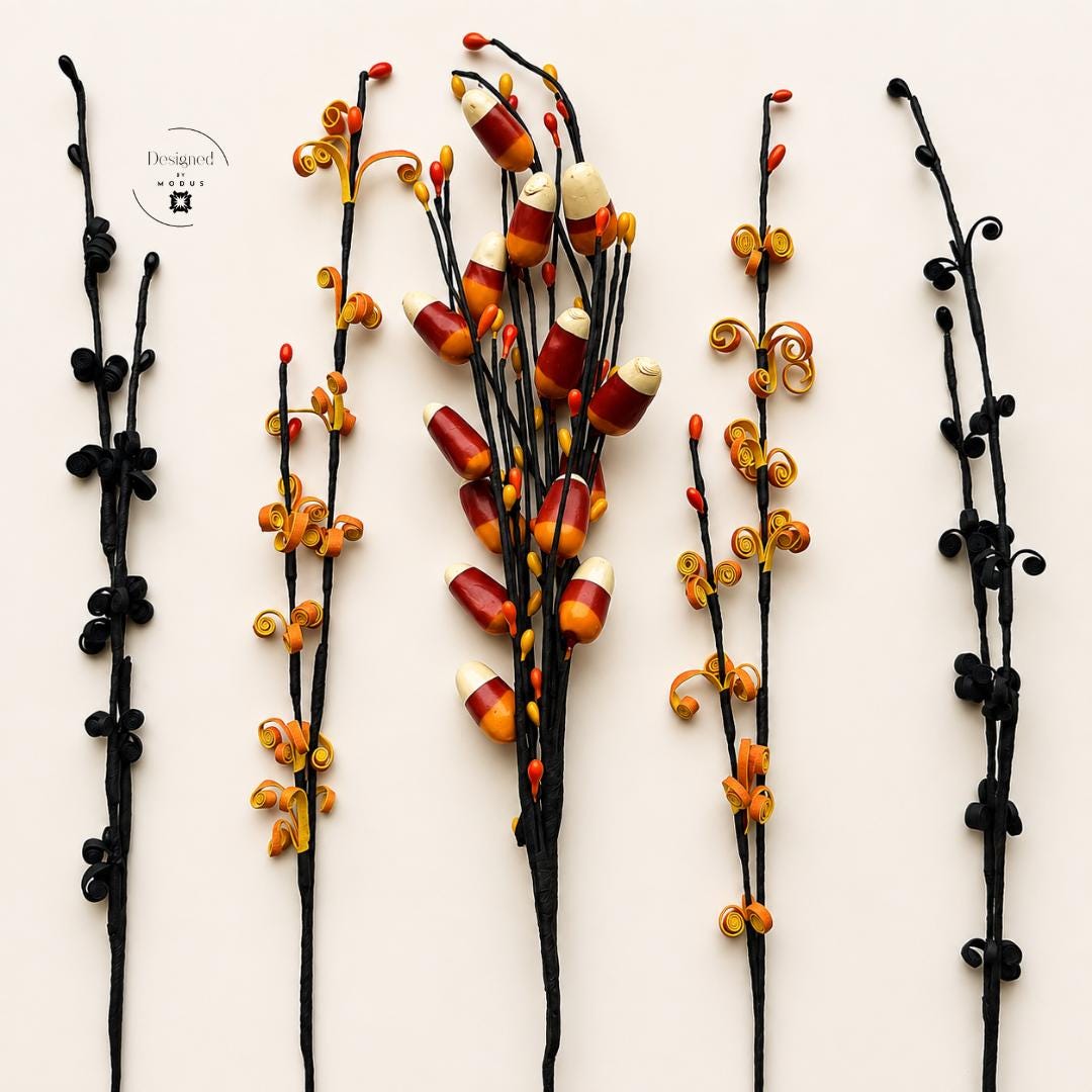 Orange Black Wire Stems Halloween Vase Filler Set Handmade Quilled Paper Art Candy Corn Themed Fall Centerpiece Arrangement Table Display Styling Autumn Seasonal Home Accent Artisan Crafted Quality Spiral Coiled Patterns Gold Burgundy Cream