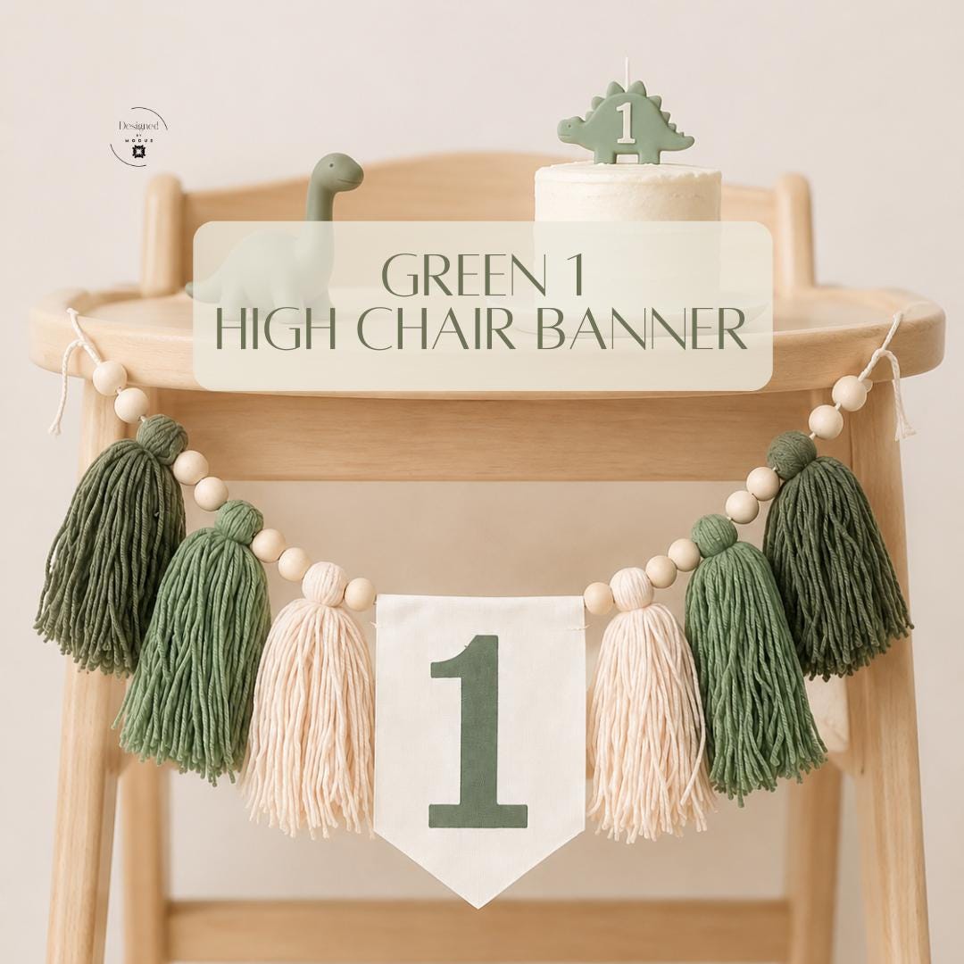 Dinosaur First Birthday High Chair Banner Decoration One Year Old Party Celebration Cake Smash Photo Backdrop Baby Milestone Turning Age 36 Inch Fabric Pennant Number One Wooden Bead Yarn Tassel Sage Cream Neutral Colors Handmade Details