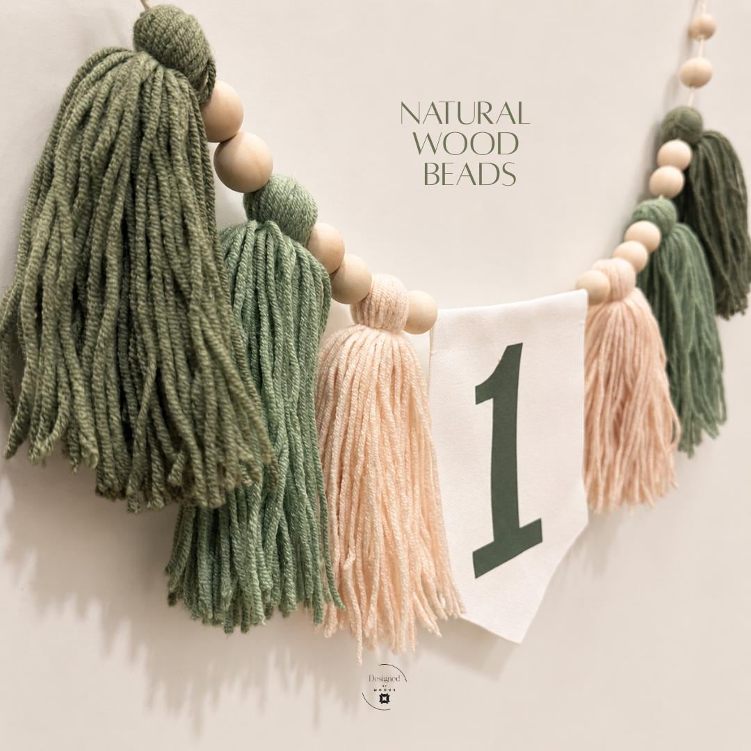 Cake Smash Photo Backdrop Dinosaur First Birthday High Chair Banner Baby Milestone Turning One Year Old Party Decoration 36 Inch Fabric Pennant Number Design Wooden Bead Yarn Tassel Details Sage Cream Colors Perfect Birthday Celebration