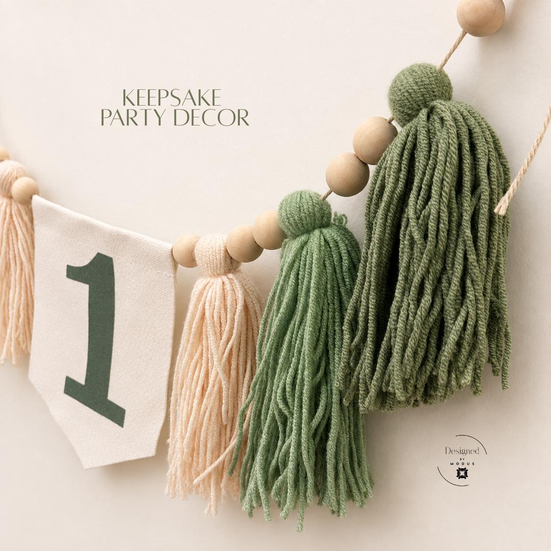 Baby Milestone Turning One Year Old Dinosaur First Birthday High Chair Banner Decoration Party Celebration Cake Smash Photo Backdrop 36 Inch Fabric Pennant Number Design Wooden Bead Yarn Tassel Sage Cream Neutral Colors Perfect Birthday