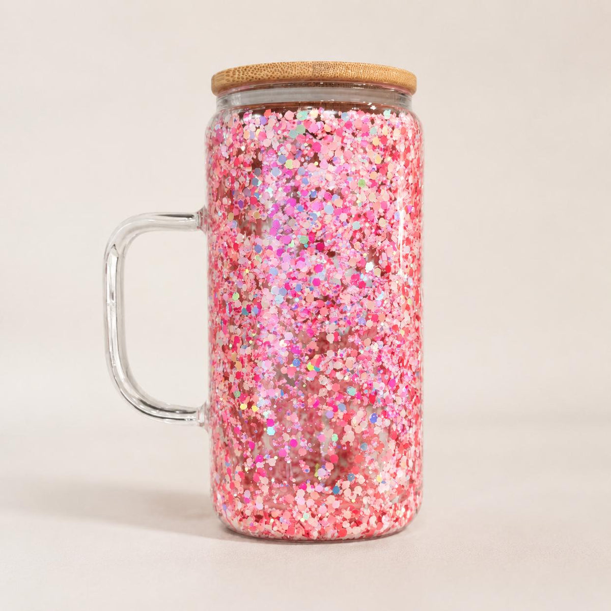 Pink Glitter Snow Globe Tumbler, Glass Straw & Bamboo Lid