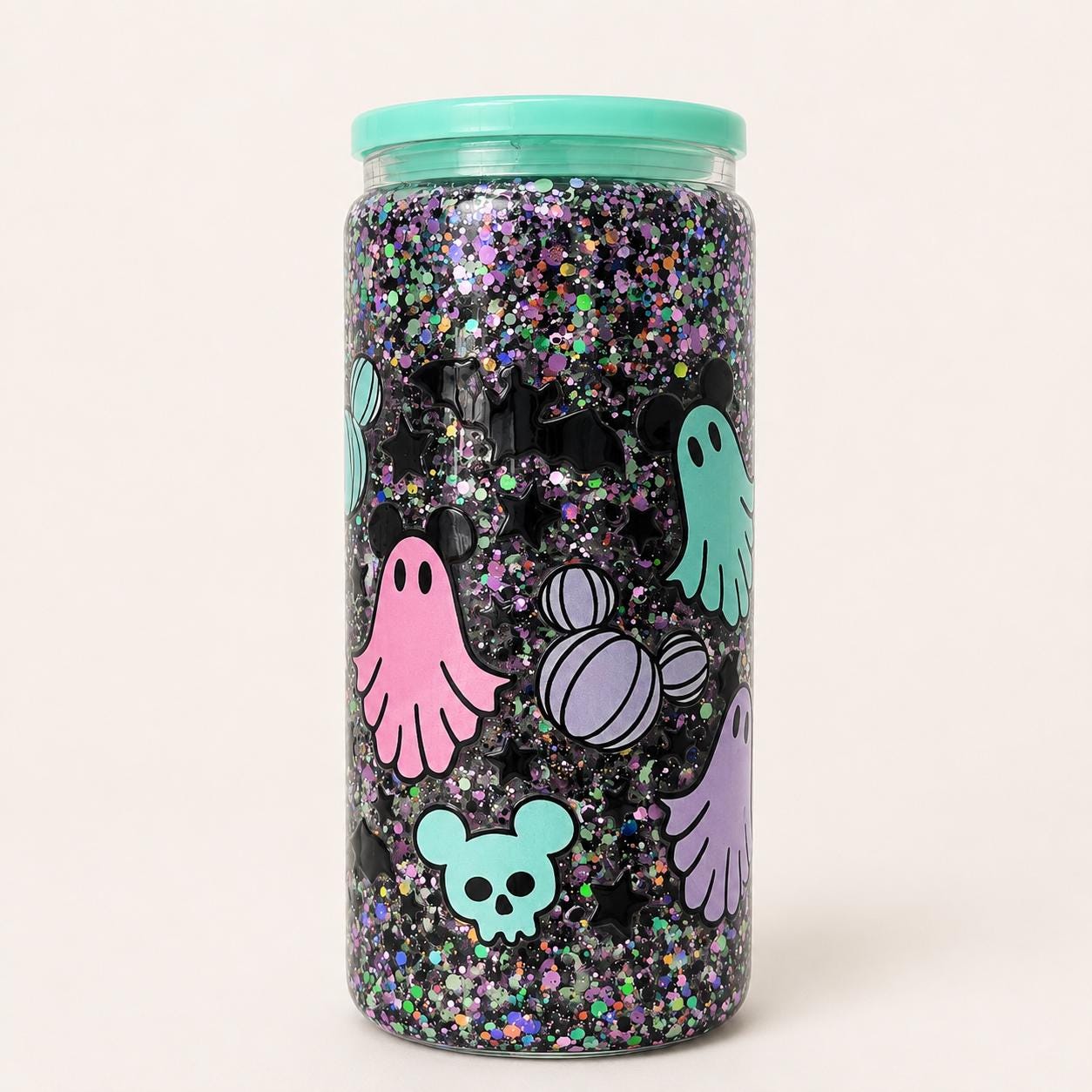 Halloween Ghost Snow Globe Tumbler: Black Glitter, Mickey Pumpkin Iced Coffee Cup