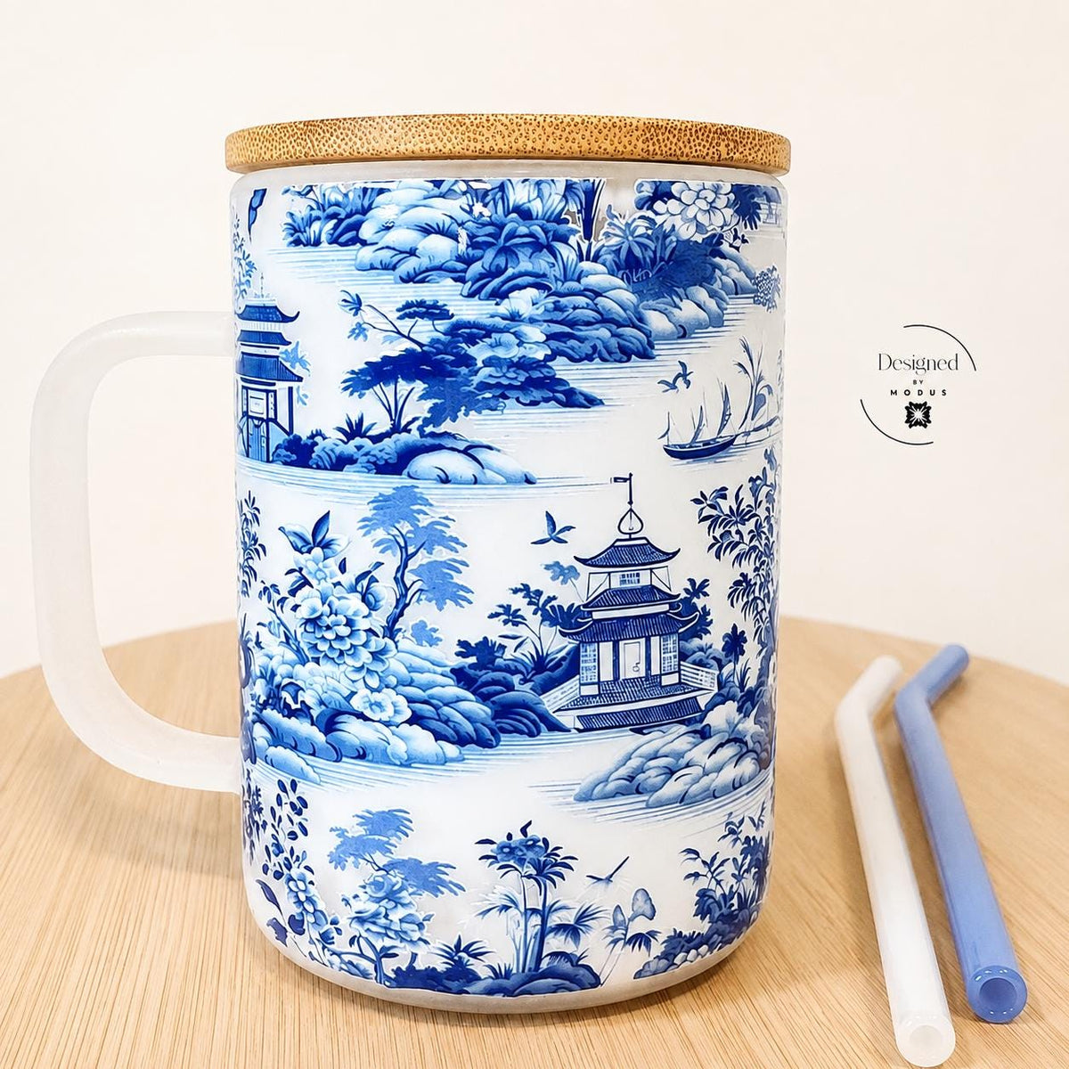 Chinoiserie Glass Mug Blue Snowglobe Tumbler Design Floating Cup Elegant Coffee Beverage Holder Stylish Drink Oriental Accessory Asian