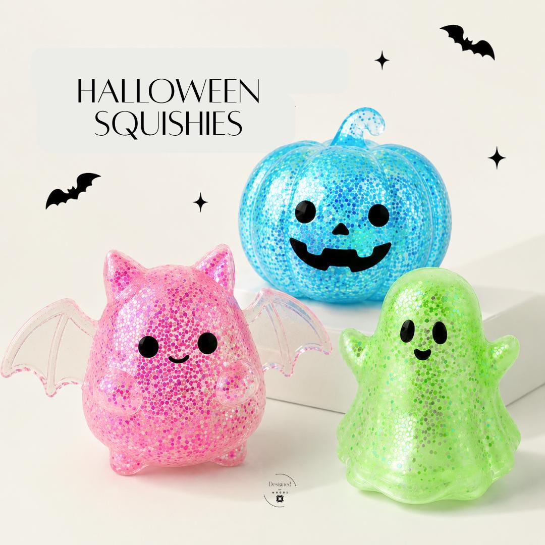 Halloween Party Favor Squishy Toy Kid Friendly Gift Set Sensory Fidget Item Pumpkin Ghost Bat Character Design Glitter Filled Translucent Rubber Squeeze Toy Non Toxic Certified Safe Material Perfect Classroom Treat Goodie Bag Filler
