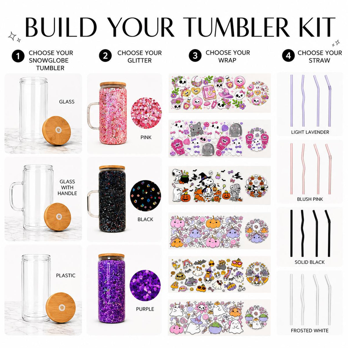 DIY Snow Globe Tumbler Kit Custom Cup Design Glitter Bottle Craft Project Bamboo Lid Glass Drinkware Kawaii Decorative Wrap Birthday Present Women Friend Gift Personalized Creation Handmade Activity Reusable Straw Unique Design Choice Pink
