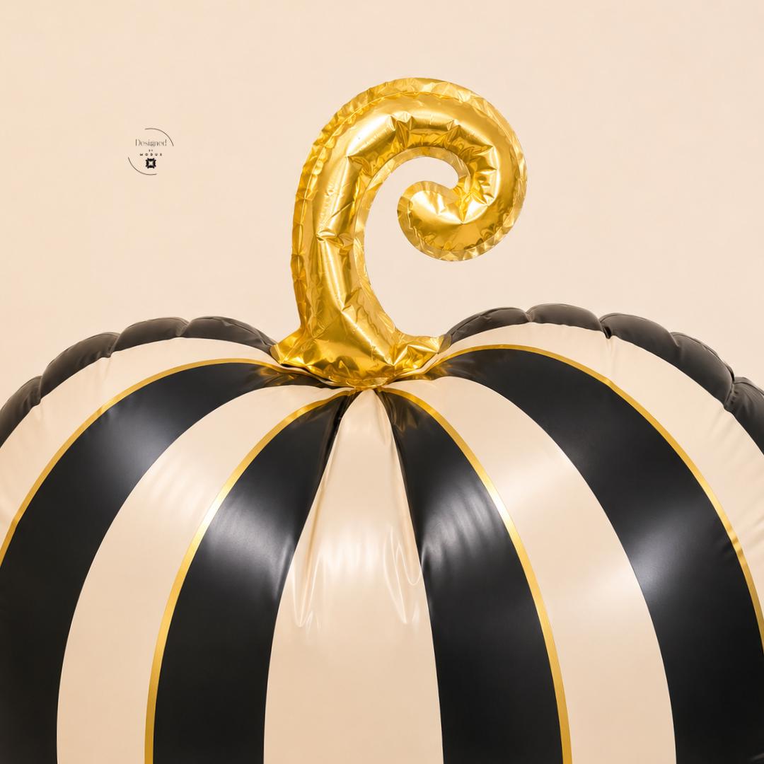 Black Ivory Striped Pumpkin Mylar Foil Balloon Fall Birthday Halloween Party Thanksgiving Decor Gold Curled Stem Autumn Photo Backdrop 18 x 18 Inch