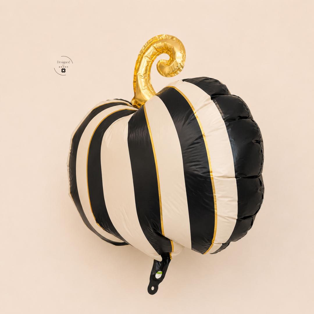 Halloween Pumpkin Balloon Black Ivory Stripes Gold Accents Mylar Foil Fall Party Decoration Gothic Halloween Birthday Balloon Decor 18 x 18 Inch
