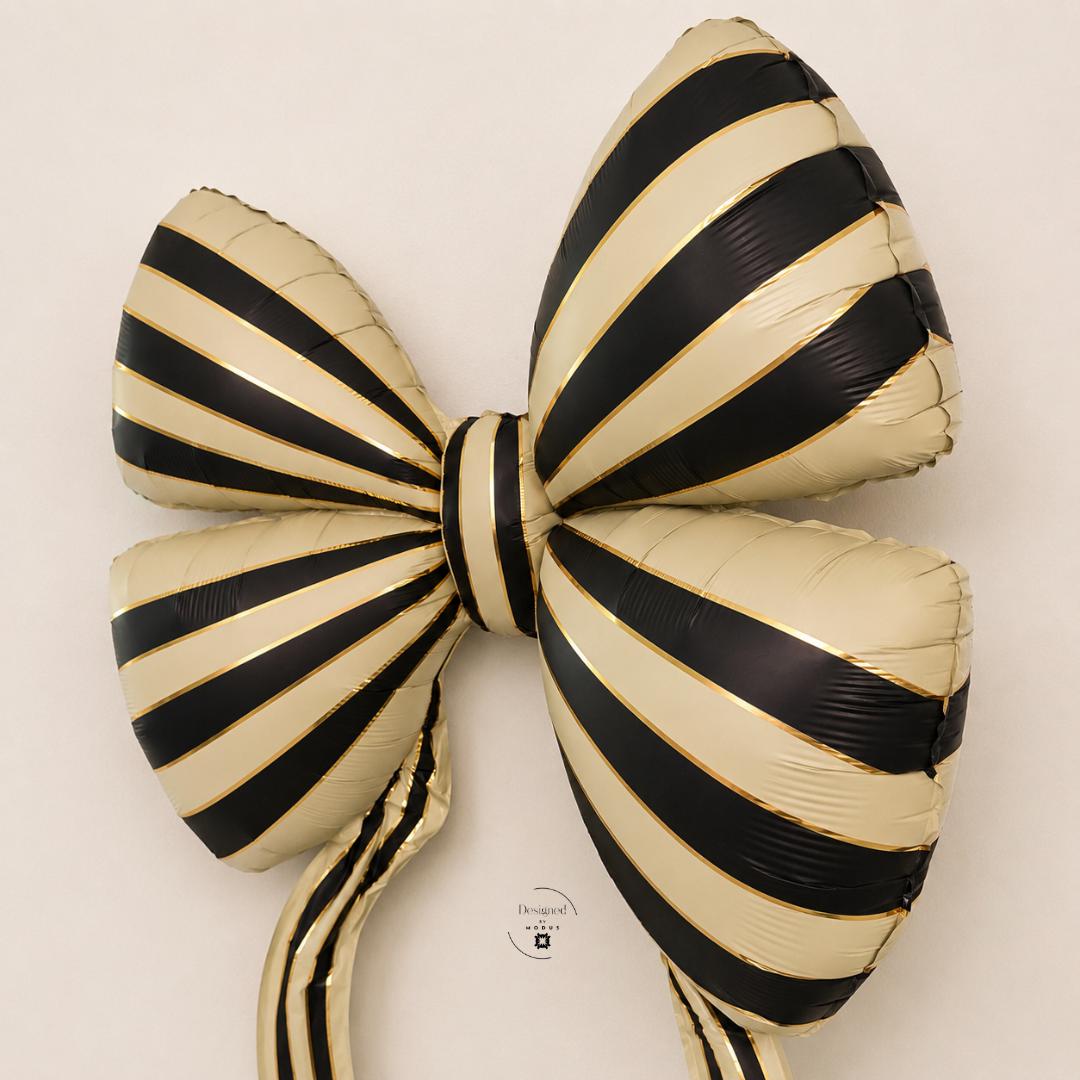 Striped Bow Balloon Black Ivory Mylar Foil Decoration Giant Gift Bow Birthday Party Backdrop Christmas Holiday Event Decor Long Tails 52 x 34 Inch