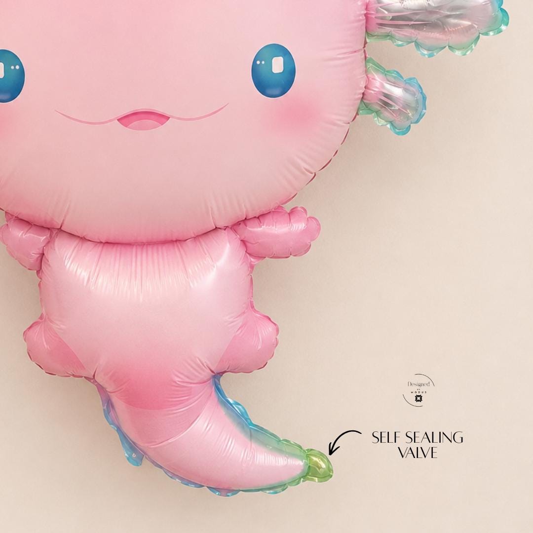 Giant Pink Axolotl Balloon Mylar Foil Birthday Decoration Cute Smiling Character Blue Eyes Under the Sea Kids Party Decor