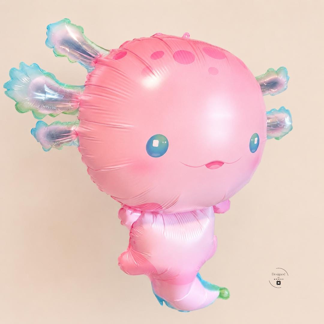 Oversized Pink Axolotl Mylar Balloon Cute Birthday Party Decoration Blue Green Accents Ocean Theme Under the Sea Party Photo Prop