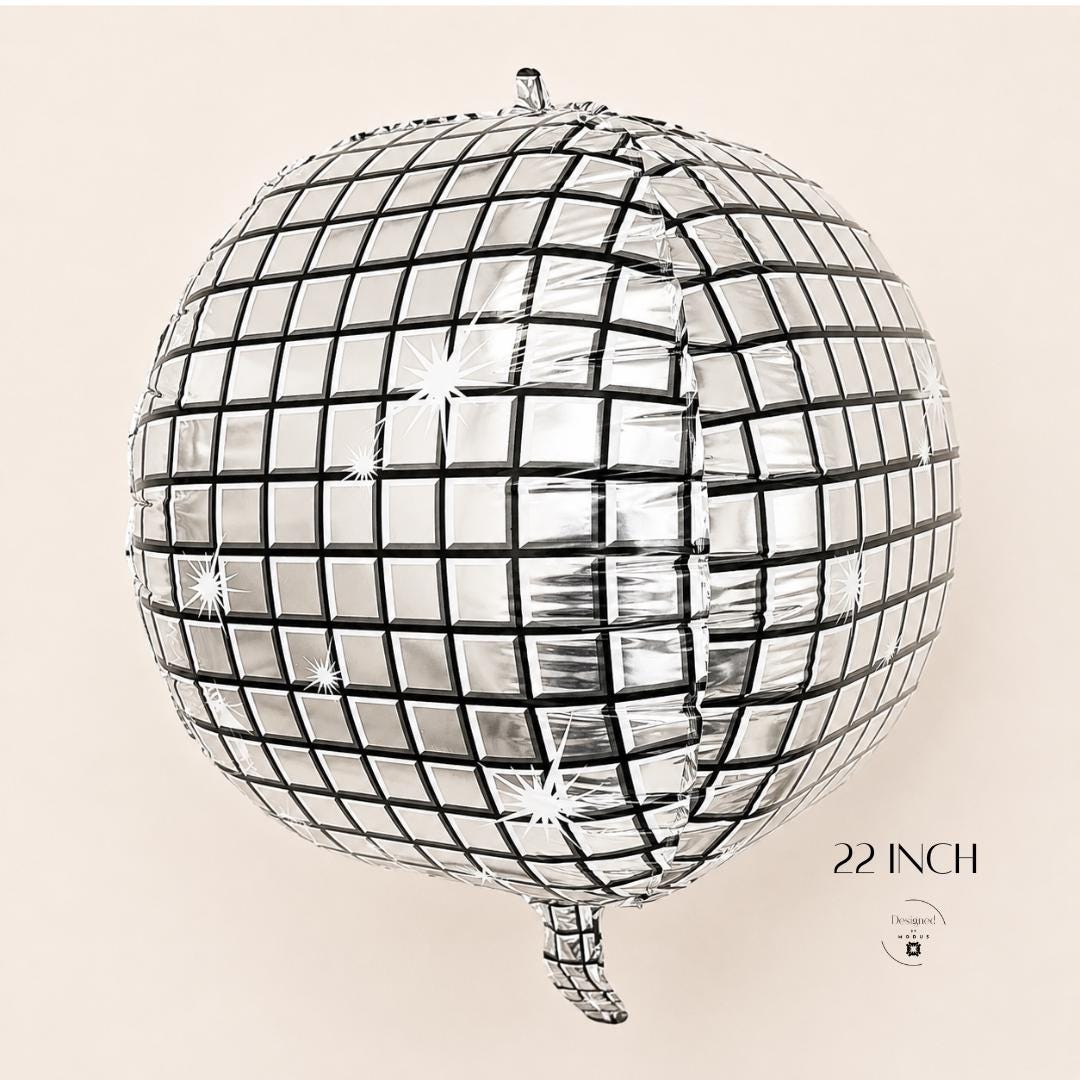 Retro Theme Seventies Party Celebration Disco Ball Balloon Supply Birthday Dance Event Mirror Sphere Silver Foil Mylar Inflatable Nineteen Inch Shiny Metallic Reflective Surface Black Grid Pattern Design Groovy Party Atmosphere Nostalgic