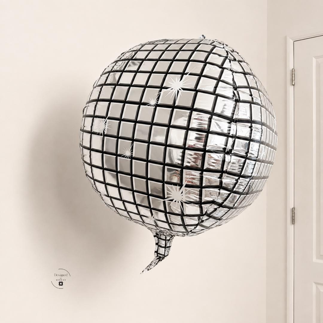 Party Atmosphere Celebration Balloon Disco Ball Mirror Sphere Nineteen Inch Silver Foil Mylar Inflatable Birthday Dance Event Supply Retro Theme Seventies Groovy Party Shiny Metallic Reflective Surface Black Grid Pattern Design Nostalgic