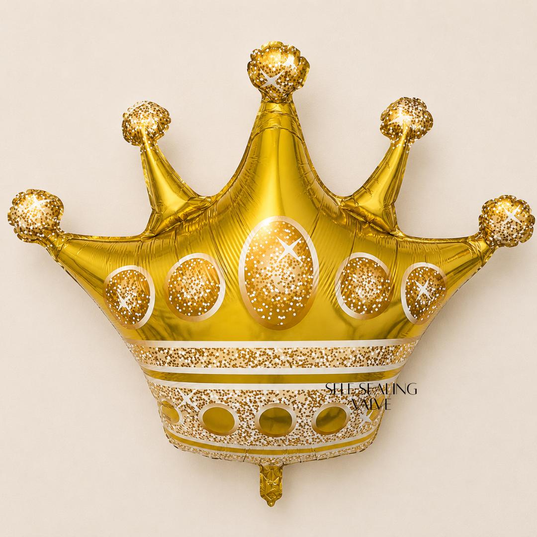 Large Gold Crown Balloon Mylar Foil Princess Party Decoration Birthday Celebration Supplies Baby Shower Decor Gender Reveal Photo Backdrop Dessert Table Centerpiece Display Royal Theme Glitter Confetti Details Metallic Finish White Sparkle