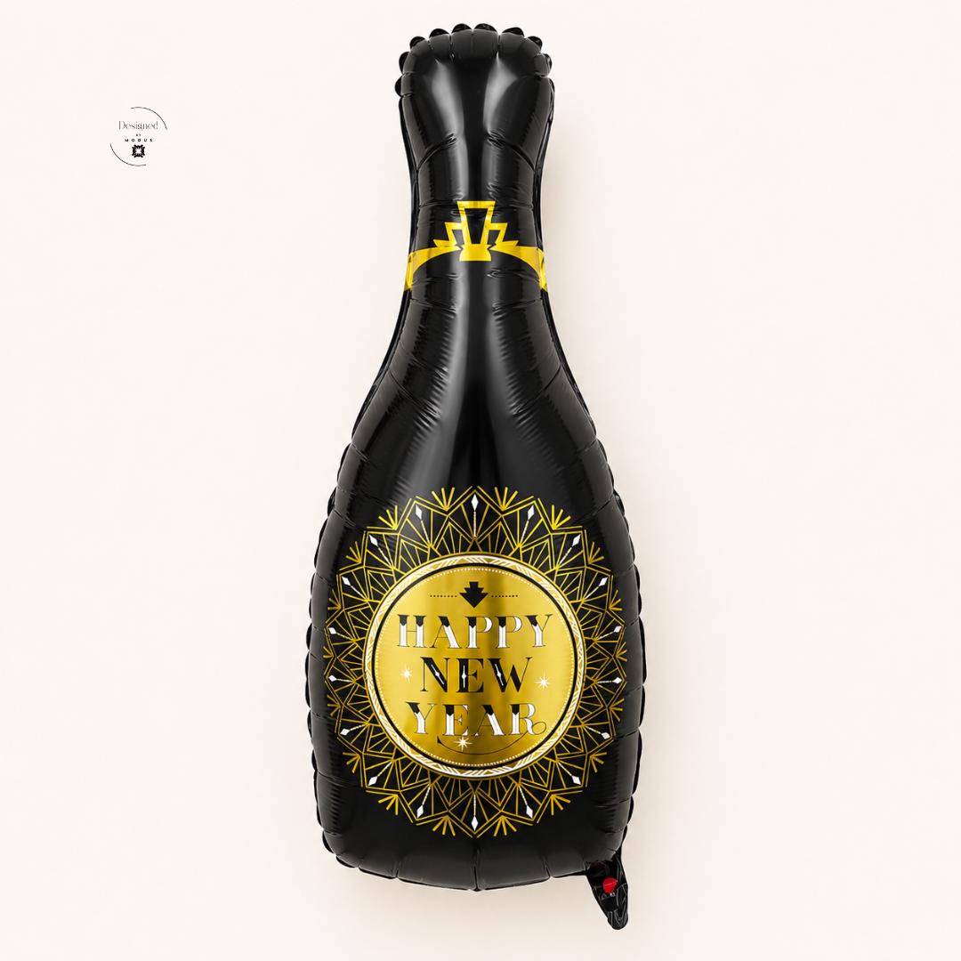 Champagne Bottle Balloon Foil Material Large 29 Inch Size Happy New Year Design Black Gold White Art Deco Geometric Pattern Self Sealing Valve Easy Inflation Party Countdown Celebration Eve Festive Event Centerpiece Photo Backdrop