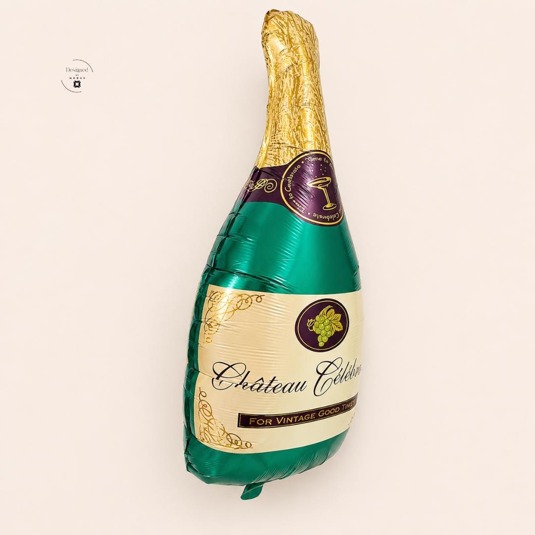 Event Centerpiece Champagne Bottle Balloon Birthday Party Celebration Supplies Metallic Gold Teal Mylar Foil Design Anniversary Wedding Milestone Perfect Festive Gift Elegant Party Display Chateau Celebration Text Grape Pattern Cocktail