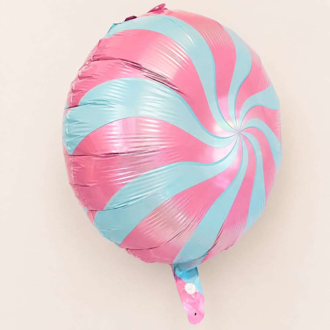 Celebration Theme Balloon Birthday Party Decoration Baby Shower Display Lollipop Design Pink Blue Swirl Pattern Pastel Striped Mylar Foil Construction Whimsical Party Supply Element Celebration Event Styling Nineteen Inch Balloon Perfect
