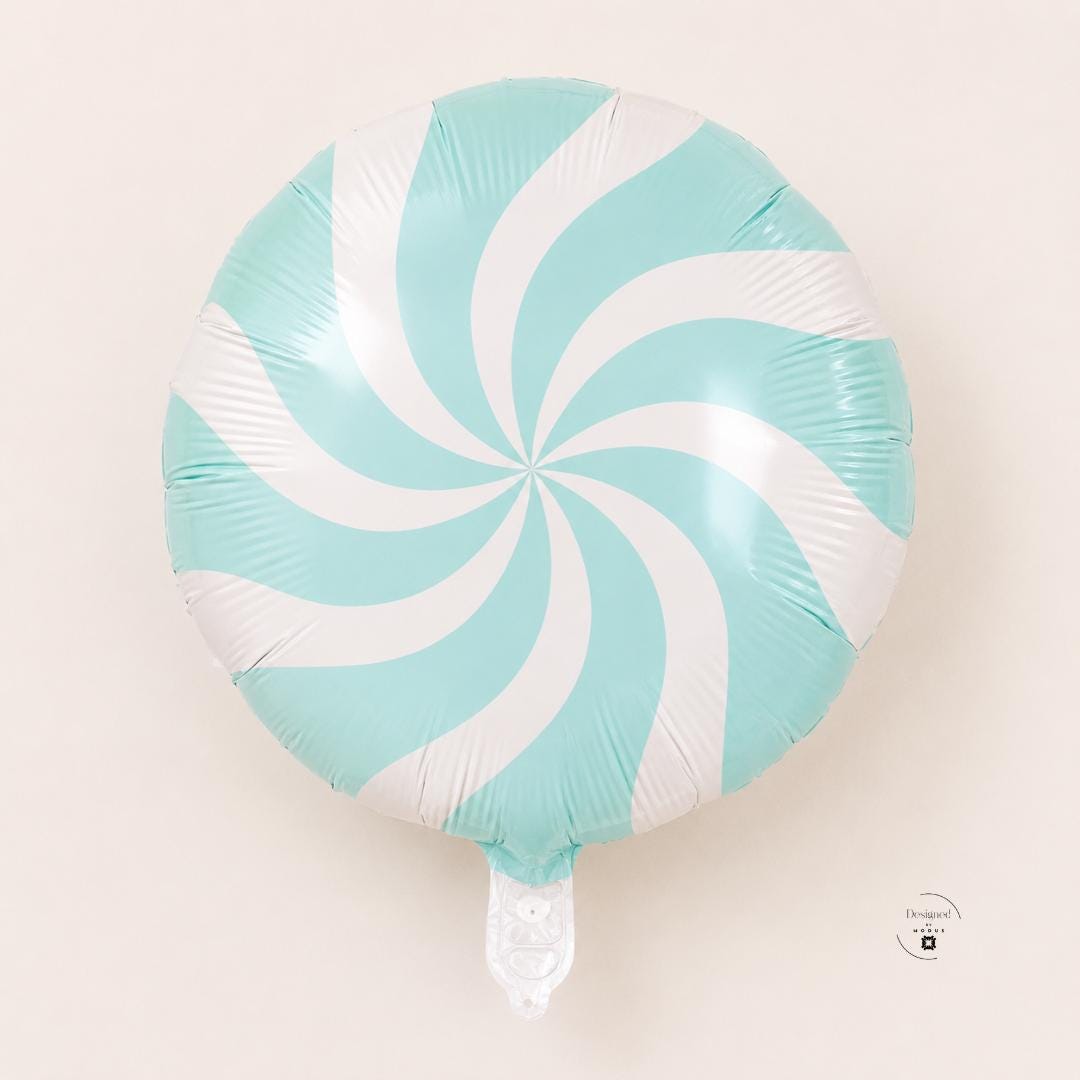 Candy Balloon Party Birthday Celebration Baby Shower Bridal Theme Peppermint Swirl Pinwheel Design Aqua Blue White Pattern Mylar Foil Air Inflatable Round Shape Dessert Table Photo Backdrop Party Room Display Event Supplies Celebration