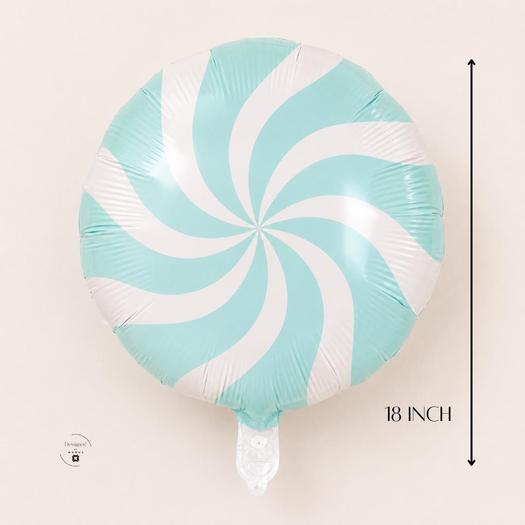 Mylar Foil Air Inflatable Candy Balloon Round Shape Party Birthday Celebration Aqua Blue Peppermint Swirl Pinwheel Design Baby Shower Bridal Theme Event Dessert Table Photo Backdrop Display Vintage Sweet Treat Party Room Decoration