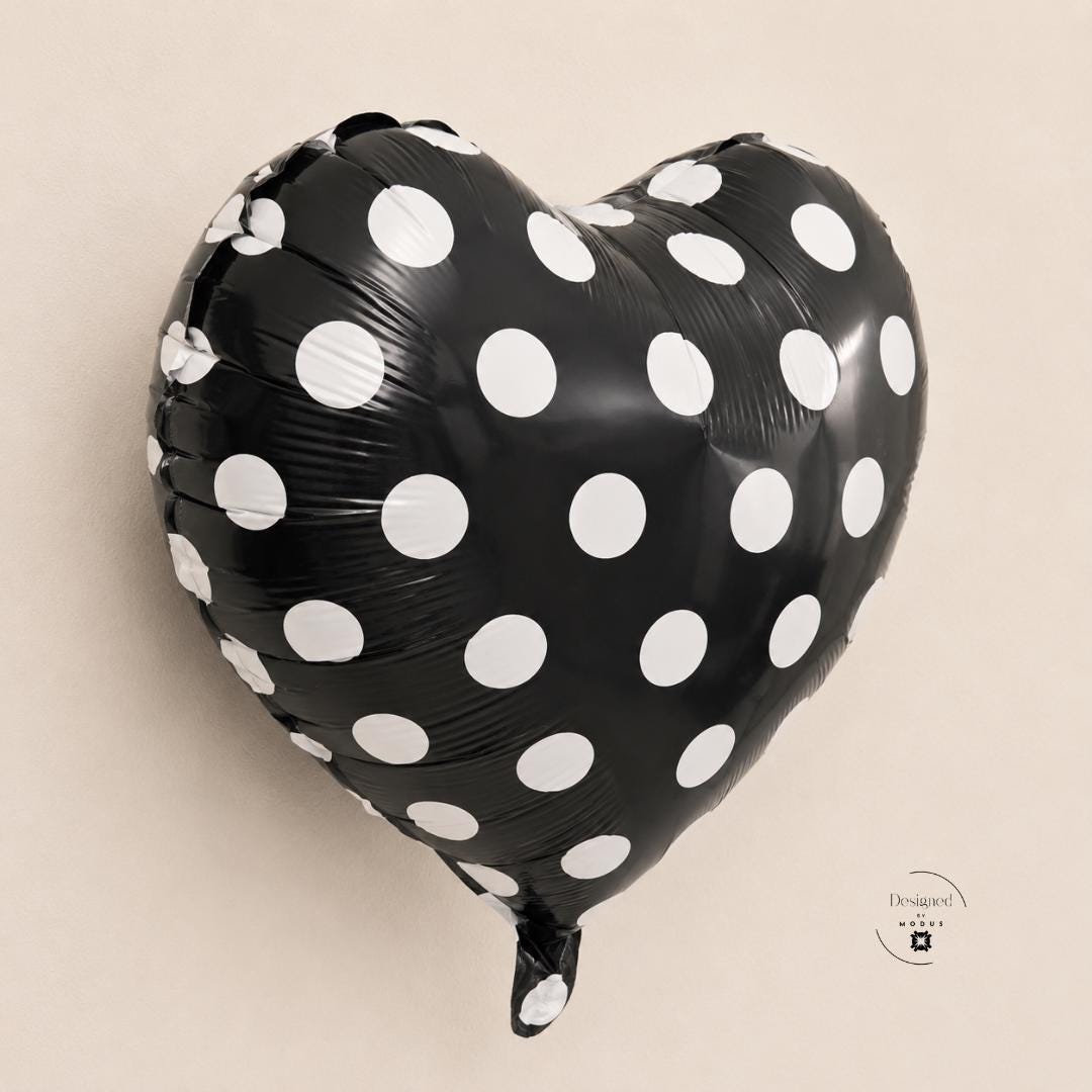 Anniversary Gift Heart Balloon Mylar Foil Eighteen Inch Polka Dot Pattern Black White Design Birthday Celebration Party Supplies Valentine Centerpiece Air Inflation Photo Backdrop Table Display Romantic Theme Collection Party Essential
