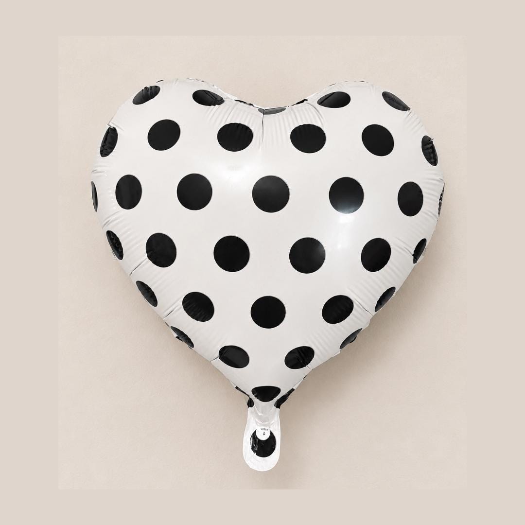 Heart Shaped Mylar Foil Balloon Metallic Reflective Surface White Background Black Polka Dot Pattern Wedding Reception Decoration Anniversary Celebration Supply Valentine Romantic Gift Baby Shower Bridal Party Centerpiece Helium Inflatable
