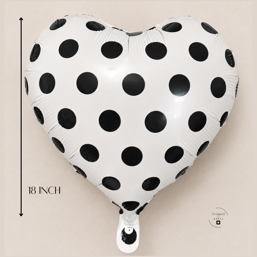 Foil Balloon Heart Design Polka Dot Pattern Metallic Reflective Mylar Material White Background Black Dots Wedding Reception Anniversary Valentine Romantic Celebration Baby Shower Bridal Birthday Party Centerpiece Helium Inflatable Supply