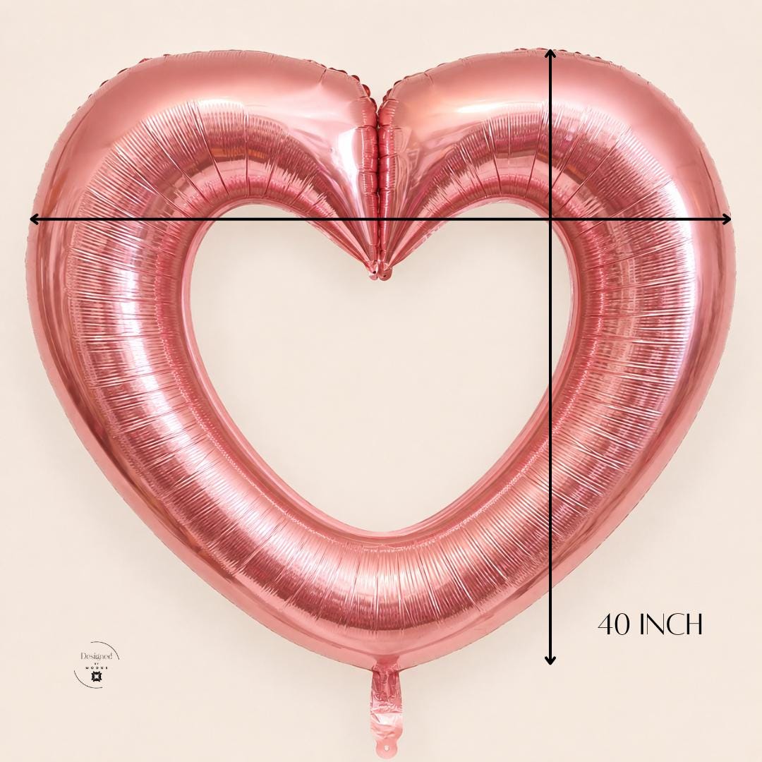 Large Metallic Pink Balloon Heart Outline Party Centerpiece Rose Gold Mylar Foil Design 40 Inch Celebration Decoration Bridal Shower Event Display Anniversary Party Backdrop Wedding Reception Photo Prop Shiny Ribbed Texture Engagement