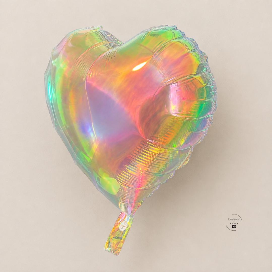 Celebration Supply Heart Balloon Birthday Party Decoration Wedding Centerpiece Valentine Gift Baby Shower Bridal Anniversary Event Holographic Iridescent Mylar Foil Rainbow Pastel Colors Scalloped Edge Detail 18 Inch Size Photo Backdrop
