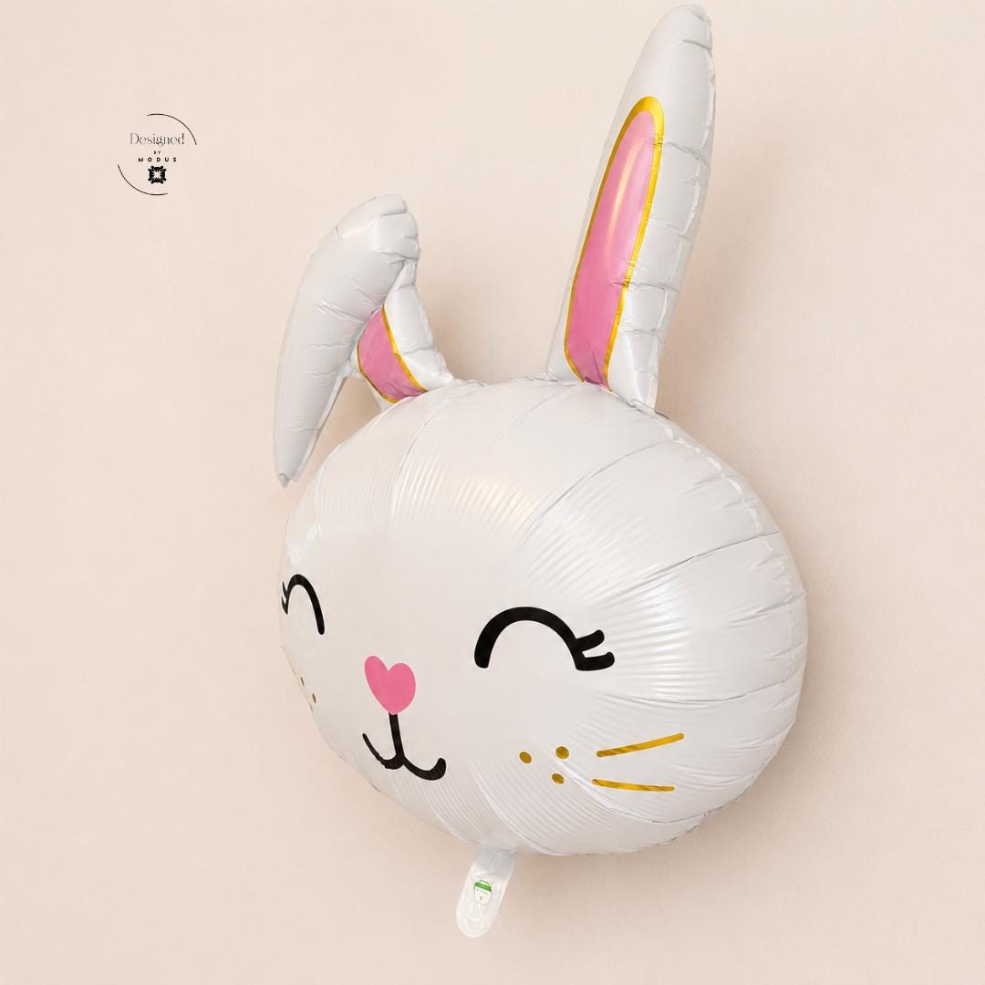Bunny Rabbit Balloon Party Gift Easter Celebration Baby Shower Present Spring Theme Kids Birthday Decoration White Mylar Foil Design Air Inflatable Animal Character Photo Backdrop Large Size Gold Details Pink Accents Nursery Addition Party