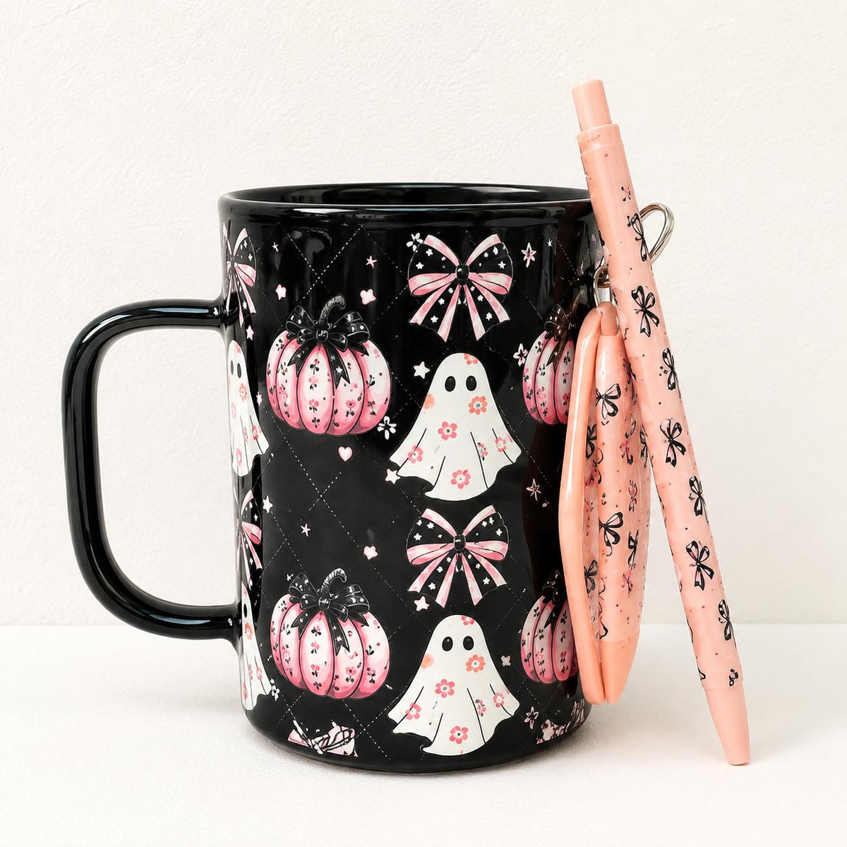 Halloween Coffee Mug Gift Set: Ghost, Pumpkin, Keychain & Pen