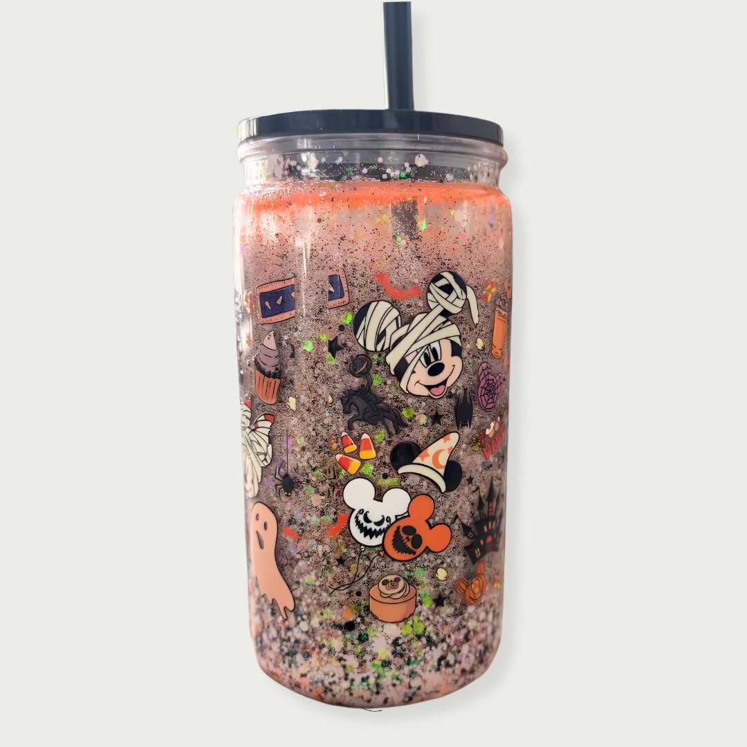 Halloween Snow Globe Tumbler: Glitter Minnie Mouse, Ghost & Pumpkin
