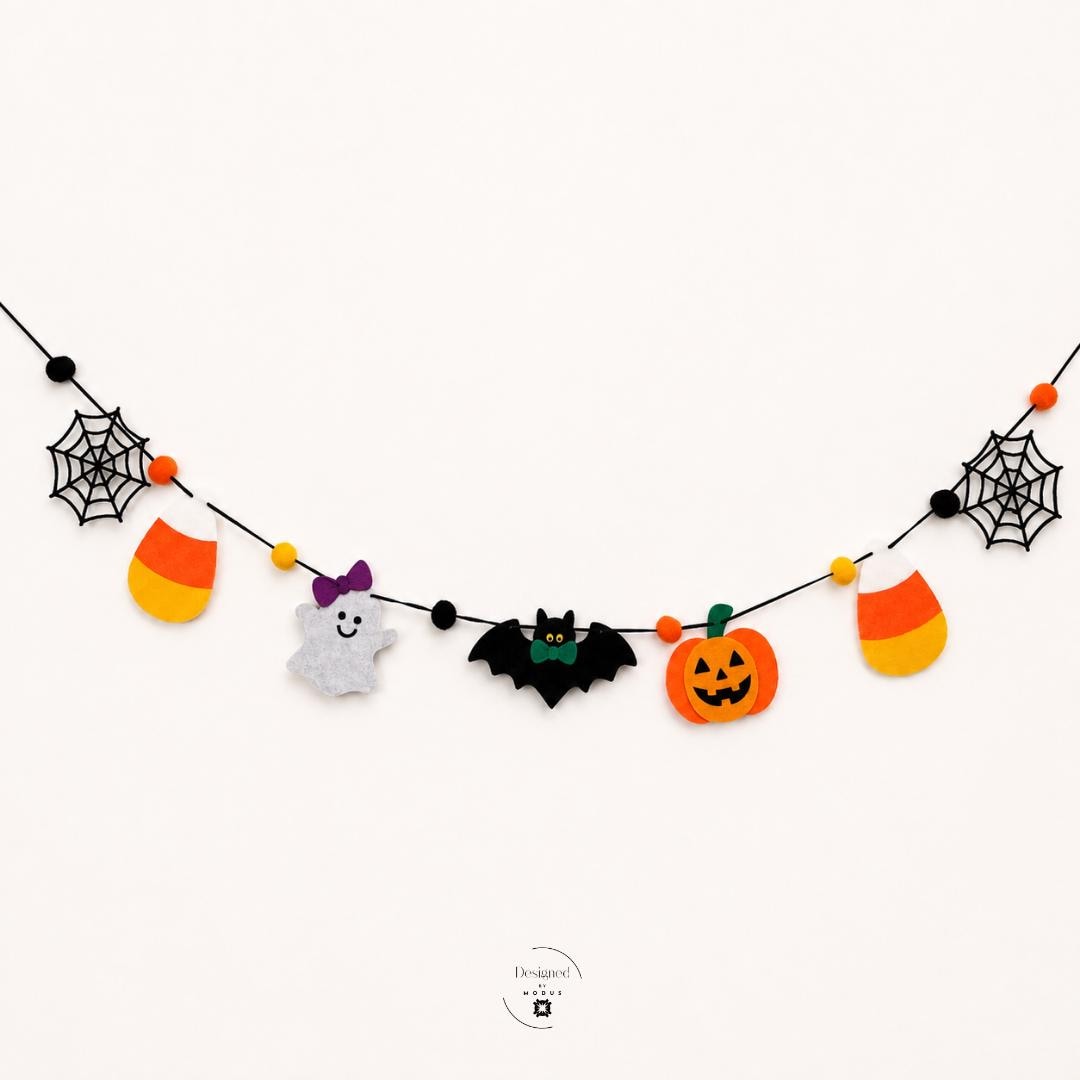 Halloween Felt Garland Candy Corn Ghost Bat Pumpkin Spider Web Banner Orange Black Purple Yellow Party Decoration Spooky Cute Mantel Decor