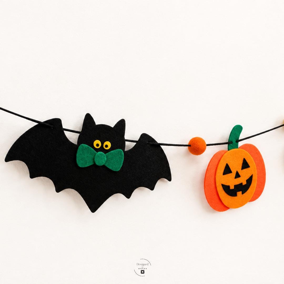 Halloween Mantel Garland Felt Banner Orange Black Yellow Purple Decorations Candy Corn Ghost Bat Pumpkin Spider Web Kids Party Decor