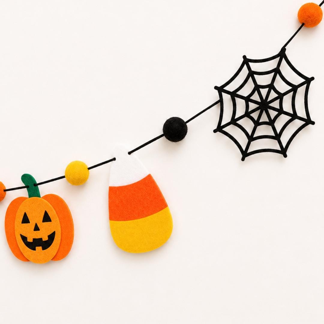 Halloween Felt Garland Candy Corn Ghost Bat Pumpkin Spider Web Banner Orange Black Purple Yellow Party Decoration Spooky Cute Mantel Decor