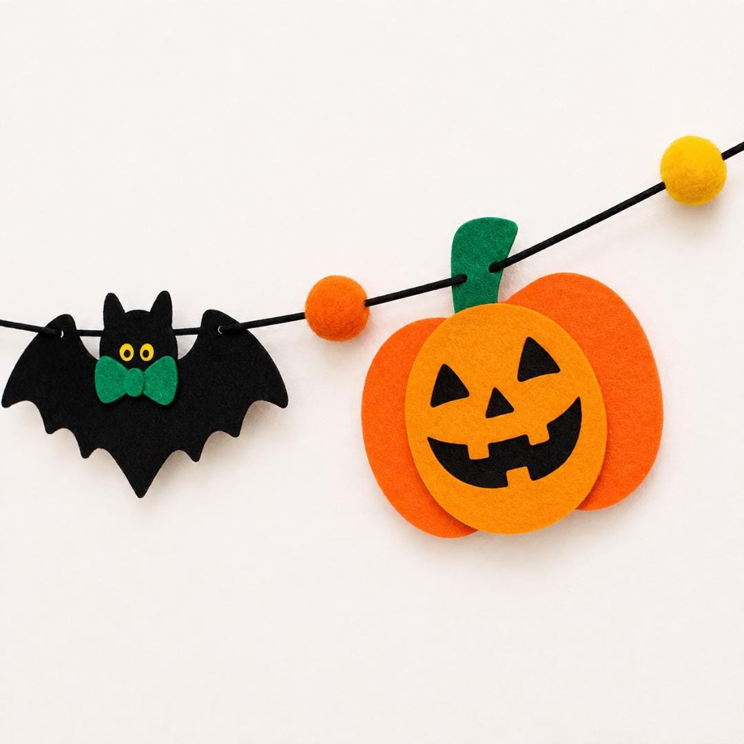 Cute Halloween Felt Garland Orange Candy Corn White Ghost Black Bat Pumpkin Spider Web Kids Halloween Party Mantel Classroom Decoration