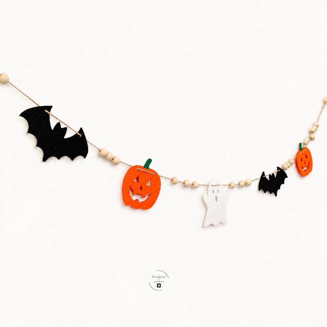 Halloween Pumpkin Garland Orange Jack O Lantern White Ghost Black Bat Felt Decorations Wood Bead Party Backdrop Mantel Decor