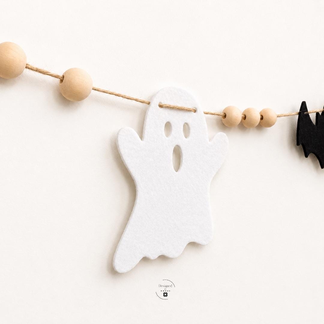 Spooky Halloween Felt Banner Pumpkin Ghost Bat Garland Natural Wood Beads Kids Halloween Party Classroom Mantel Entryway Decoration
