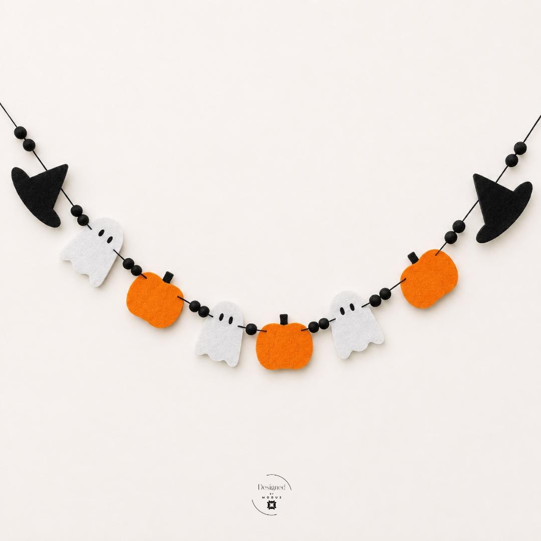Halloween Felt Garland Orange Pumpkin White Ghost Black Witch Hat Banner Black Felt Balls Spooky Party Mantel Classroom Decoration