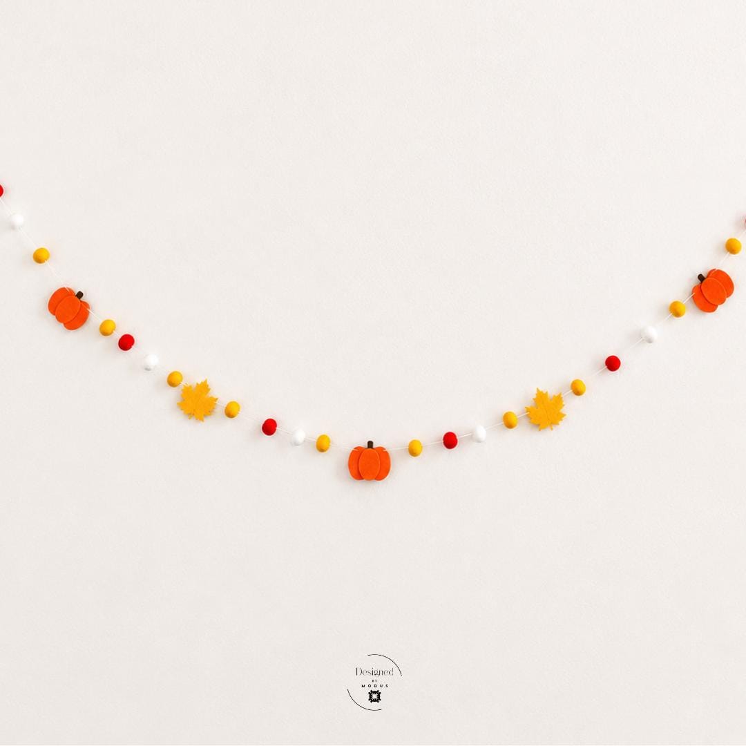 Fall Felt Garland Orange Pumpkin Yellow Leaf Banner Red Gold White Felt Balls Thanksgiving Autumn Mantel Harvest Party Decoration