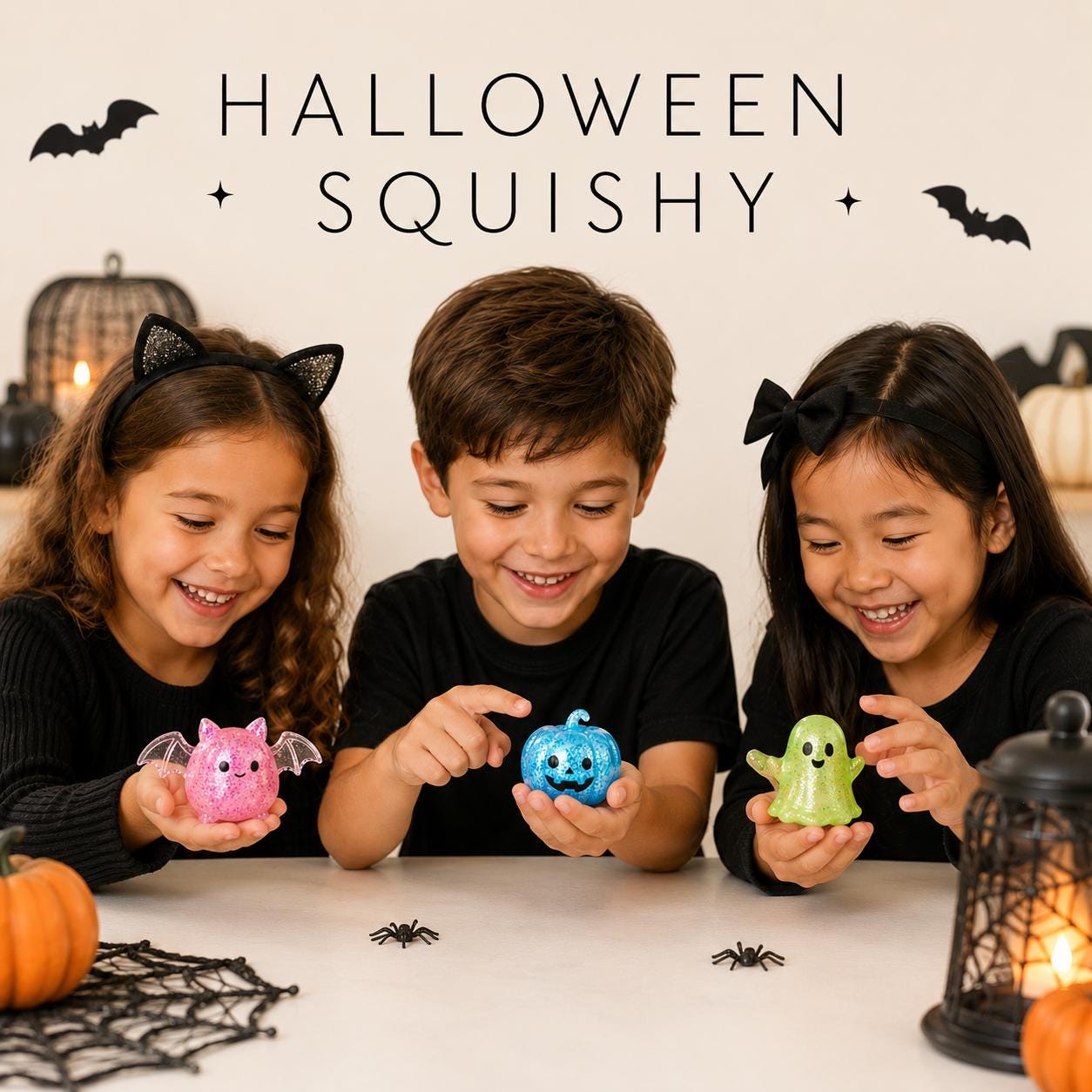 Glitter Filled Squishy Halloween Character Set Pumpkin Ghost Bat Design Translucent Rubber Toy Kid Friendly Party Favor Sensory Fidget Item Non Toxic Certified Safe Colorful Blue Green Pink Options Perfect Classroom Gift Goodie Bag Filler