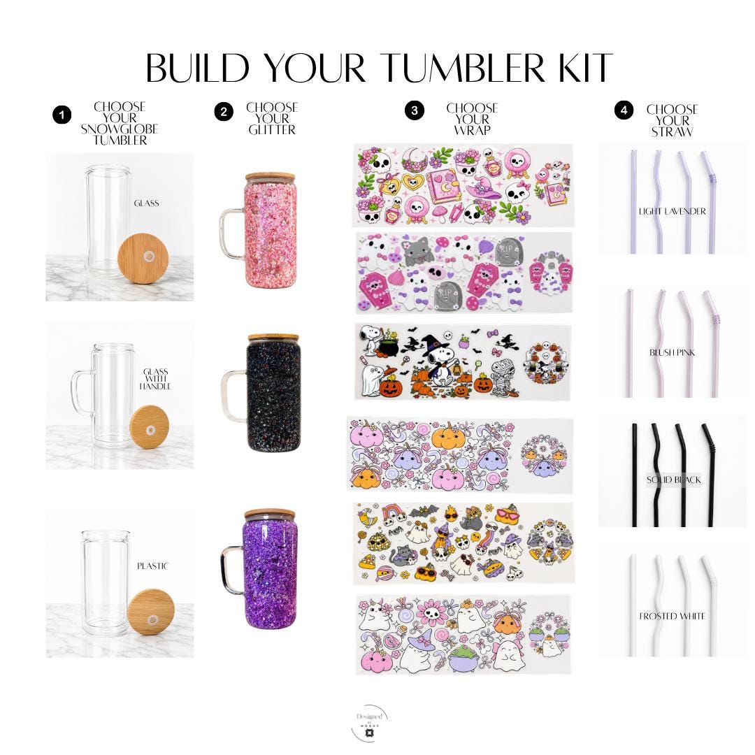 Snow Globe Cup Design DIY Tumbler Kit Kawaii Decorative Wrap Glitter Bottle Custom Drinkware Bamboo Lid Glass Gift Birthday Present Women Friend Craft Project Personalized Creation Handmade Activity Reusable Straw Unique Design Choice Pink