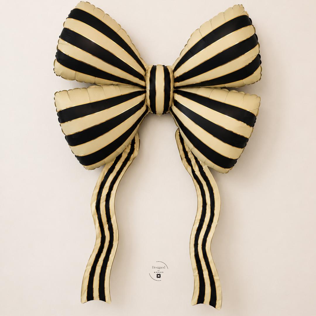 Black Ivory Striped Bow Mylar Balloon Oversized Party Decoration Elegant Birthday Backdrop Gift Bow Holiday Decor Long Ribbon Tails 52 x 34 Inch Balloon