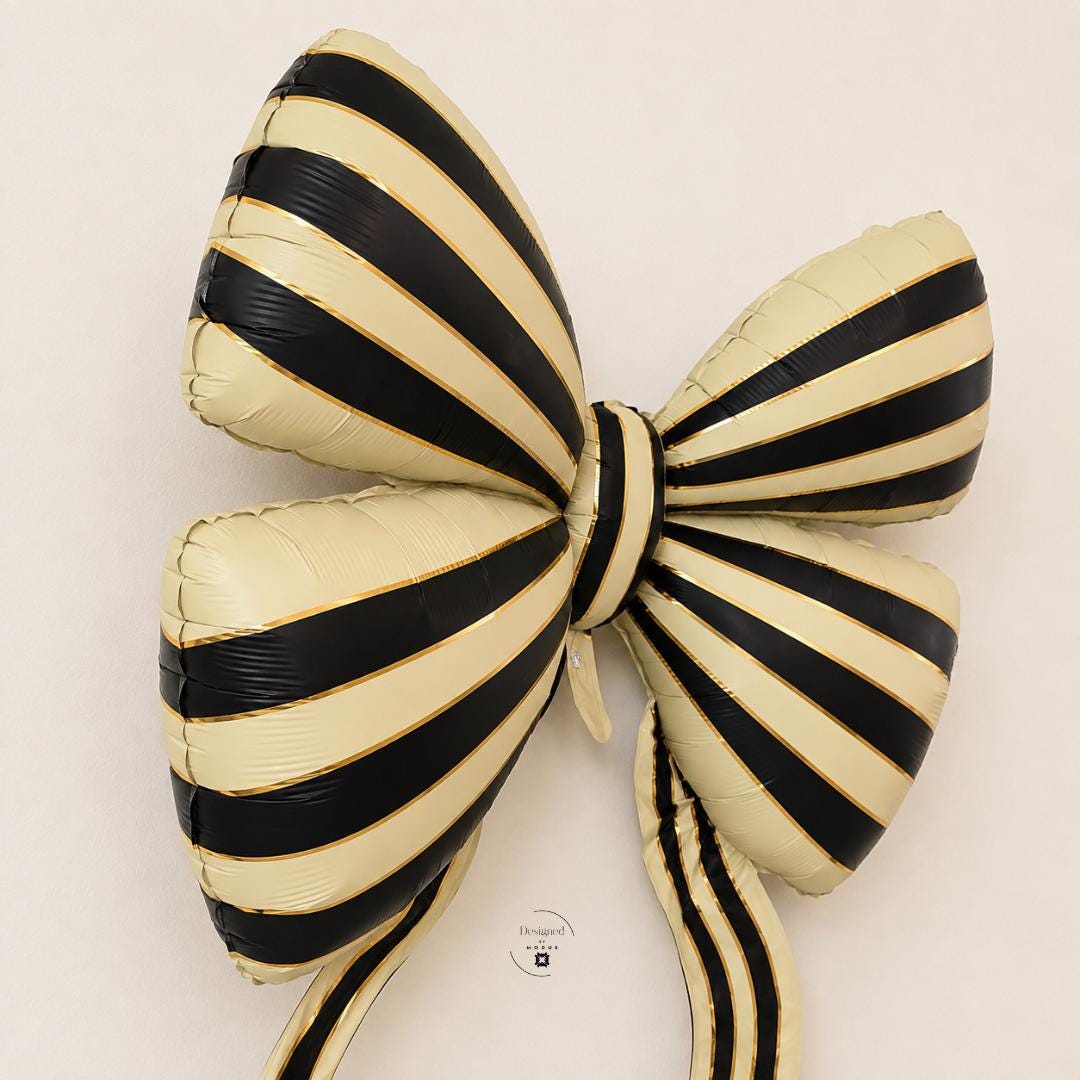 Oversized Black Ivory Bow Mylar Balloon Elegant Striped Party Decoration Birthday Photo Prop Gift Theme Holiday Balloon Garland Accent