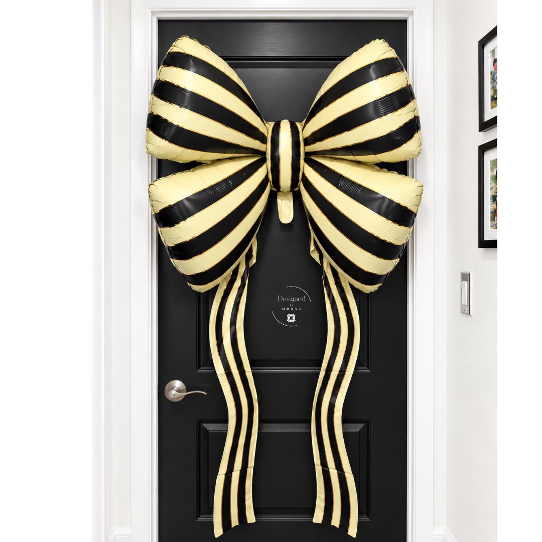 Giant Striped Bow Balloon Black Cream Ivory Mylar Party Decoration Long Ribbon Tails Birthday Holiday Celebration Photo Backdrop