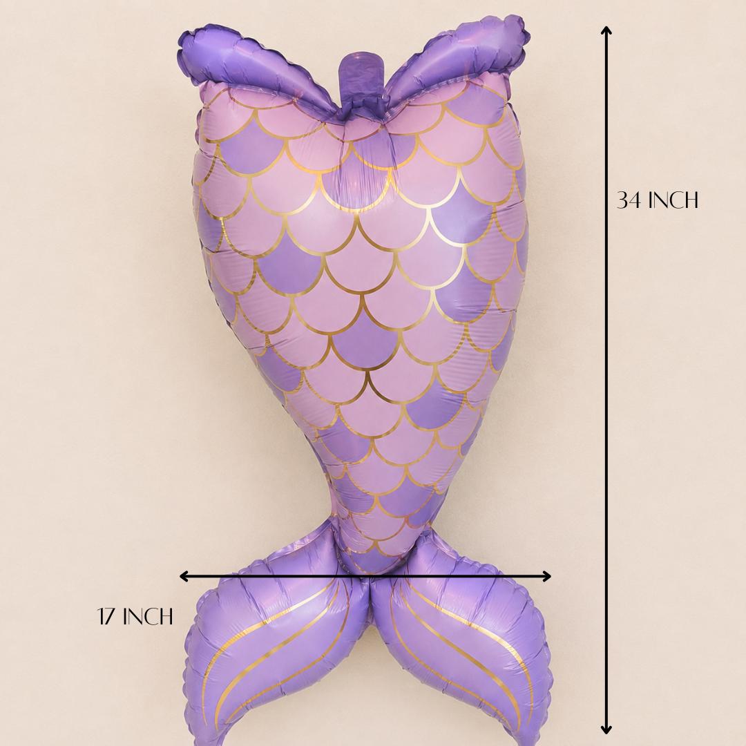 Purple Mermaid Mylar Balloon Large Tail Design Gold Scale Detail Girls Birthday Party Under the Sea Ocean Celebration Decor 34 x 17 Inch