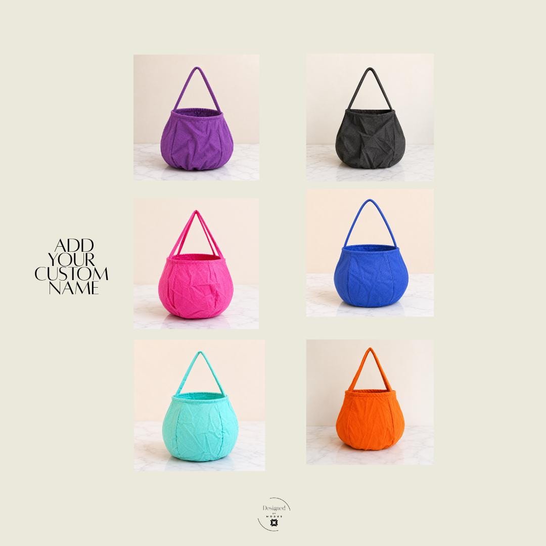 Custom name Halloween bag with five font choices and colorful pumpkin shaped design for kids trick or treat candy